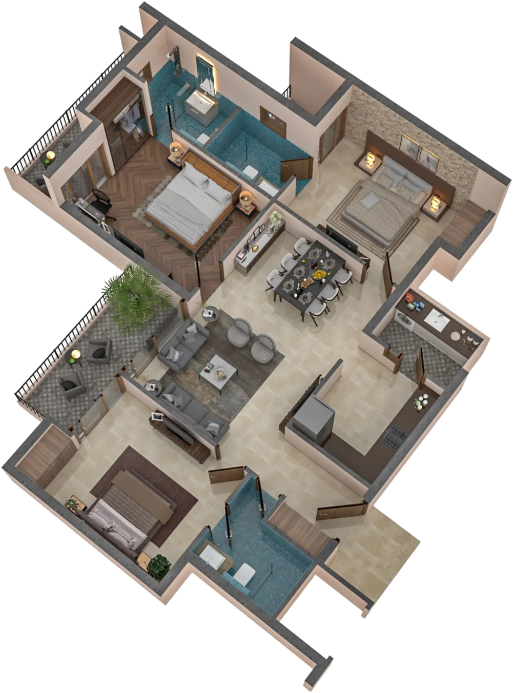 Cutaway of the 3 BHK, furnished